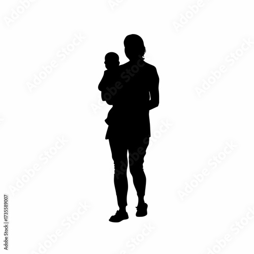 Silhouette of a caregiver rocking a baby to sleep in arms isolated on white background