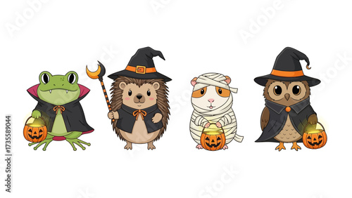 Halloween Animals Gathering: Adorable creatures gather in charming costumes to celebrate the spooky season, each with their own unique flair and festive spirit.