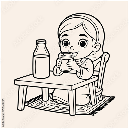The line art illustration shows an Arab little girl sitting and happily drinking a glass of milk