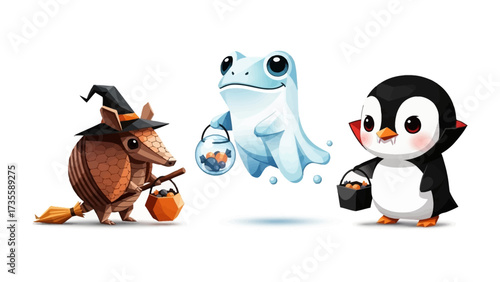 Halloween Trio: A charming collection of adorable animated creatures dressed in Halloween costumes, set against a clean and uncluttered backdrop, each carries its own candy-filled treat basket. 