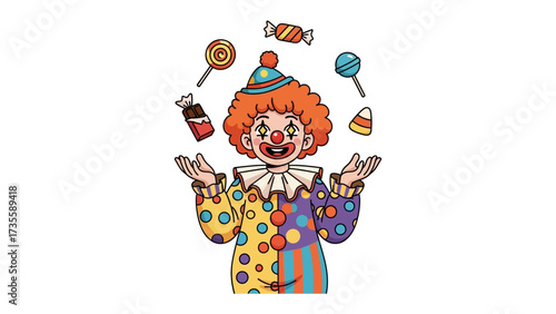 Juggling Clown: A jovial clown, in vibrant attire, expertly juggles candies in a playful circus act, showcasing joy and delight.