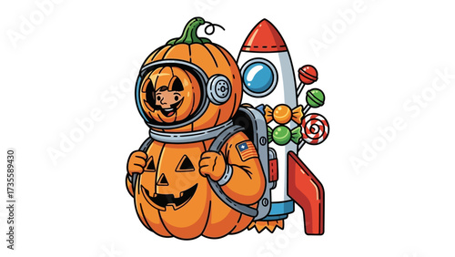 Spooky Space Explorer: A cheerful cartoon astronaut with a pumpkin head, accompanied by a rocket ship, captures the whimsical spirit of Halloween, promising interstellar adventures!