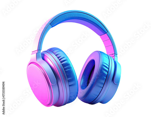 Sleek, over-ear headphones, illuminated by vibrant neon pink and blue light