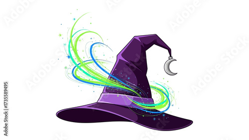 Enchanted Hat: An illustration of a majestic wizard hat, radiating mystical energy with colorful swirls and a celestial moon charm, ready for spell casting.