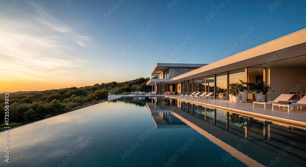 Fototapeta premium Luxury Modern Villa with Infinity Pool at Sunset.