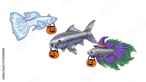 Halloween Fish Festivities: A trio of enchanting fish, each holding a carved pumpkin treat bag, bring the spirit of Halloween to life with their unique and festive designs.