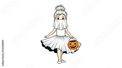 Ghostly Girl's Halloween Gathering: A whimsical illustration captures a girl in a charming ghost costume, clutching a glowing jack-o'-lantern bucket. Surrounded by joy of Halloween!