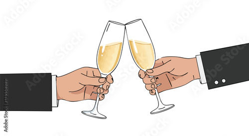 Two hands in suits toasting with champagne glasses.