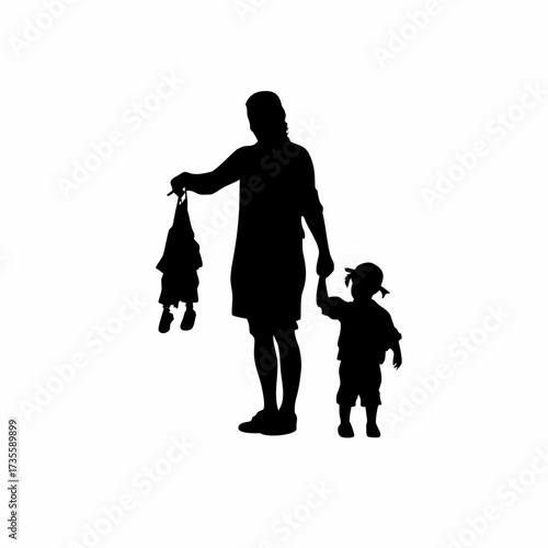 Silhouette of a caregiver with toddlers enjoying a puppet show isolated on white background