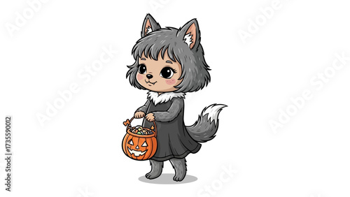Halloween Costume: A cute illustration shows a little girl dressed in a wolf costume with a pumpkin basket, the perfect symbol for a spooky celebration. 