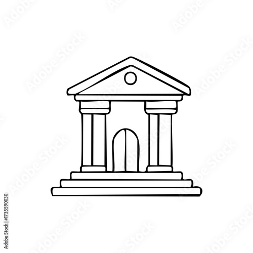Simple line drawing of a classical building facade with columns, a triangular pediment, and steps leading to an arched doorway.