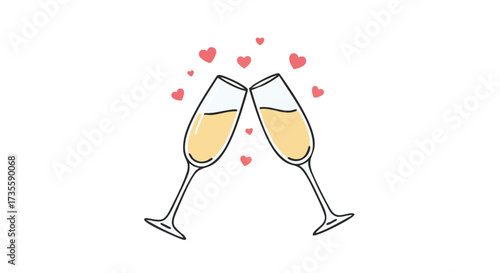 Two champagne glasses clinking with hearts floating around them.