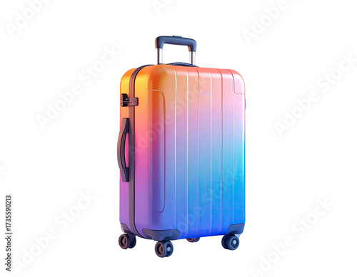 A modern, color-gradient rolling suitcase stands isolated on a stark black background