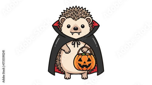 Hedgehog in Halloween Costume: A charming illustration captures a cheerful hedgehog dressed in a vampire costume, cradling a jack-o'-lantern, ready for Halloween fun. 