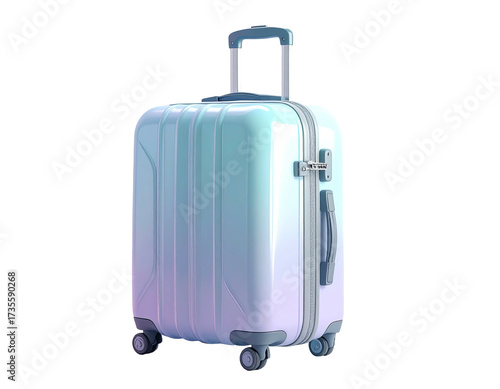 A gradient colored suitcase with wheels and a telescoping handle sits against black