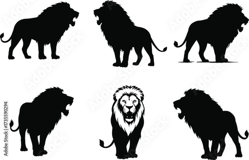 Lion, silhouette, majestic, animal, wildlife, nature, vector, illustration, posture, mane, shadow, profile, powerful, black, mammal, stance, anatomy, predator, side, frontal