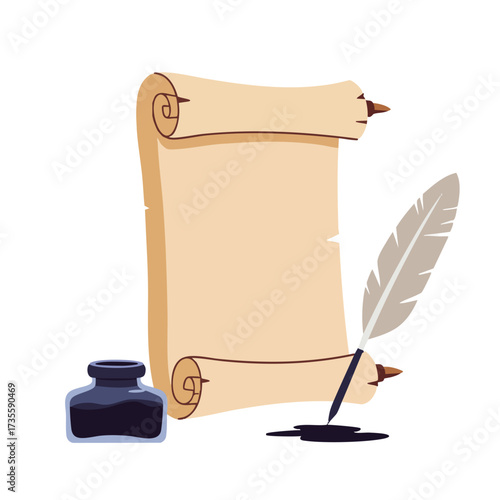 Old Scroll With Quill And Inkwell.