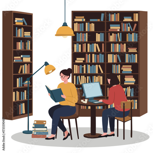 Two women studying in a library with bookshelves and lamps.