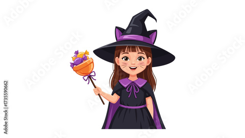 Enchanting Witch Holding a Lollipop: A whimsical depiction of a charming young witch, with a purple-trimmed hat and dress, cheerfully offering a colorful lollipop, perfect for Halloween festivities.
