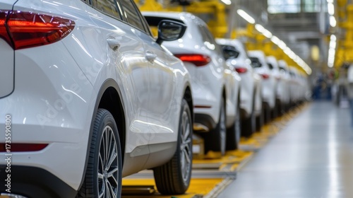 Wallpaper Mural A long line of freshly produced white cars on an assembly line within a modern automobile factory, ready for distribution. Torontodigital.ca