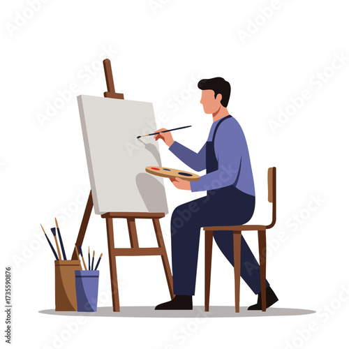 Artist painting on canvas easel with brushes and palette.