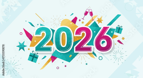 Bright and festive 2026 New Year celebration design featuring colorful graphics, celebratory icons
