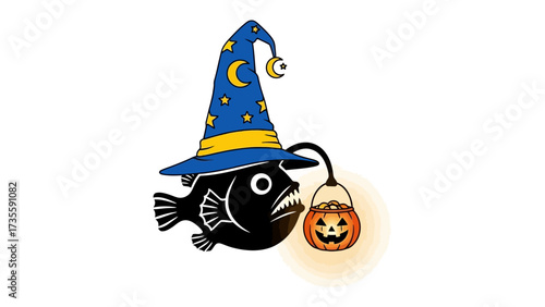 Spooky Anglerfish in Halloween: An anglerfish in a wizard hat with a cute carved pumpkin, creating a playful Halloween illustration. 
