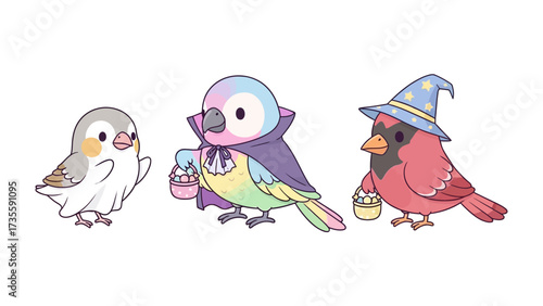 Whimsical feathered friends: A colorful ensemble of adorable birds in whimsical costumes, each carrying a basket and exuding charm and playfulness.