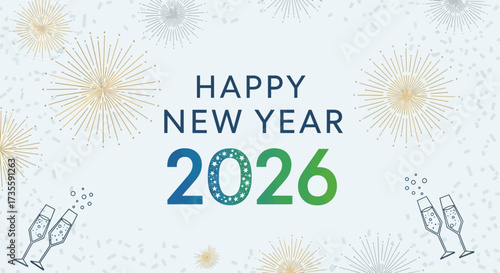 Elegant Happy New Year 2026 Celebration Design with Champagne and Fireworks Graphic Elements