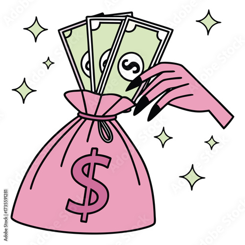 Vector art of hand grabbing money from a pink money bag with dollar sign