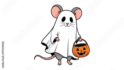 Halloween Mouse: A charming cartoon mouse dressed as a ghost, holding a festive pumpkin, perfect for Halloween-themed illustrations. 