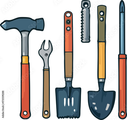 Vector Illustration of Assorted Hand and Garden Tools – Hammer, Wrench, Spatula, Shovel, Screwdriver