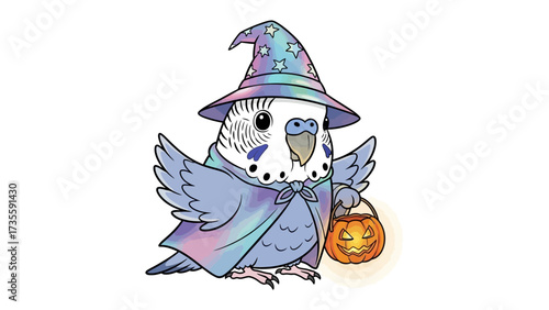 Magical Halloween Budgie: A charming illustration of a budgerigar dressed up in a wizard's hat and cape, holding a jack-o'-lantern. It's the perfect blend of cuteness and Halloween spirit.