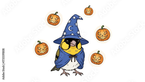 Magical Halloween Bird: A whimsically illustrated bird, adorned in a wizard's cloak and hat, is surrounded by carved pumpkins.