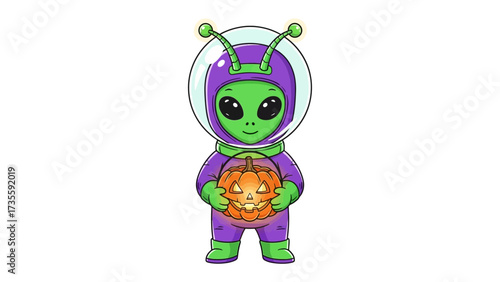 Alien with Pumpkin Illustration: A whimsical alien character, dressed in a space suit and holding a glowing jack-o'-lantern.