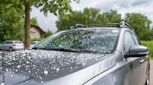 Fototapeta Naklejka Na Ścianę i Meble -  A grey car is covered in small white hail or graupel pellets on its hood and windshield, suggesting recent precipitation.