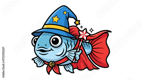 Wizard Fish with Magical Charm: An enchanting cartoon illustration showcasing a delightful wizard fish, complete with a wizard hat, cape, and wand, exuding a sense of fantasy and wonder.
