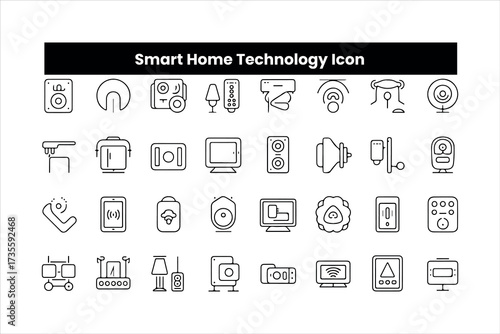 30 thin line editable stroke outline icons for smart devices, home automation, security cameras, thermostat, lighting, voice assistant, energy saving, WiFi, connected appliances, IoT, remote control, 