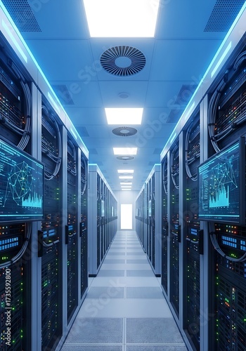 Illuminated server room corridor with rows of data storage racks and monitor displays showcasing digital diagrams