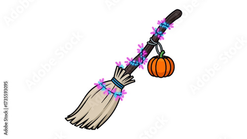 Whimsical Halloween Broom with Pumpkin: A charming and whimsical illustrated broom, festooned with colorful lights and adorned with a cheerful pumpkin, evokes the playful spirit of Halloween.