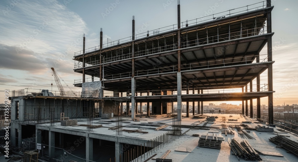 Fototapeta premium Modern Building Under Construction at Sunset.