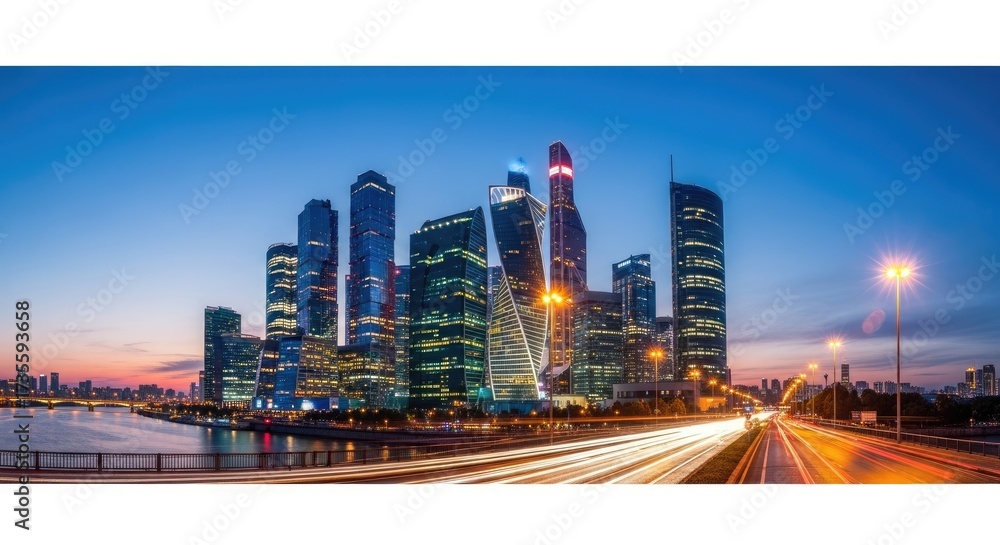 Obraz premium Modern City Skyline at Dusk with Traffic Trails.