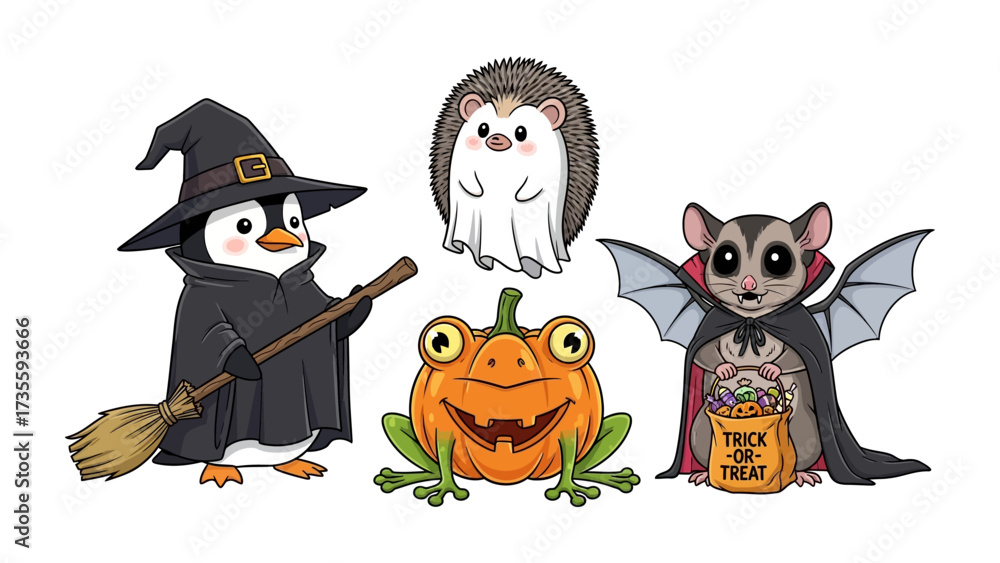 Obraz premium Halloween Fun: A charming assortment of cartoon characters ready for Halloween, including a penguin, a ghost, a pumpkin, a hedgehog, and a bat, set against a festive backdrop of candy and costumes.