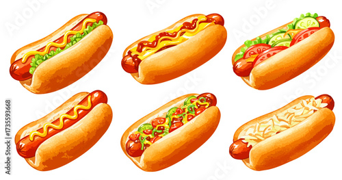 6種類のホットドッグセット,マスタード,レタス,ザワークラウト,水彩風