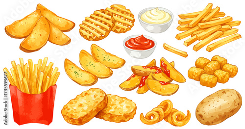 フライドポテトとポテト料理のセット,ウェッジ,ハッシュド,水彩風フード