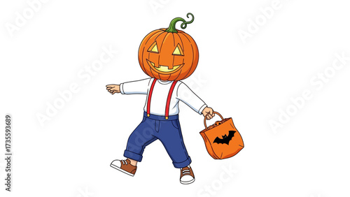 Halloween Pumpkin Head: A cartoon figure of a child with a carved pumpkin for a head, dressed in a costume with trick-or-treat bag, embodying the spirit of Halloween in a delightful scene.