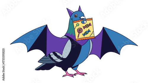 Candy carrying Pigeon: A whimsical illustration of a pigeon-bat hybrid gleefully carrying a bag of sweets, perfect for evoking smiles and conveying playful energy.