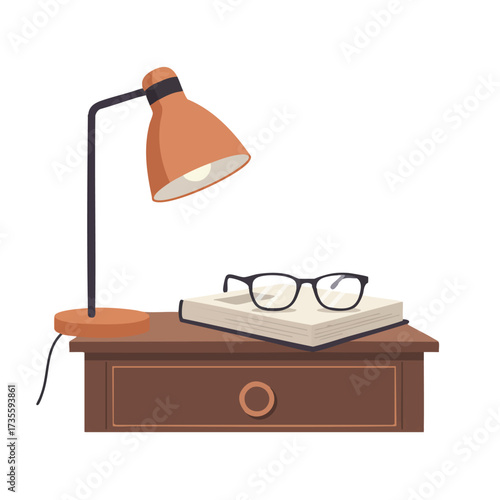 Desk lamp illuminating a book and glasses on a wooden table.
