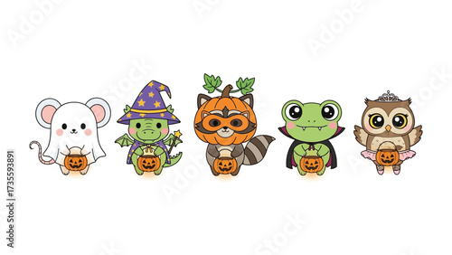 Halloween Animal Friends Parade: A whimsical procession of adorable animals, each adorned in festive costumes and carrying tiny pumpkin buckets, march in a playful celebration of Halloween joy.