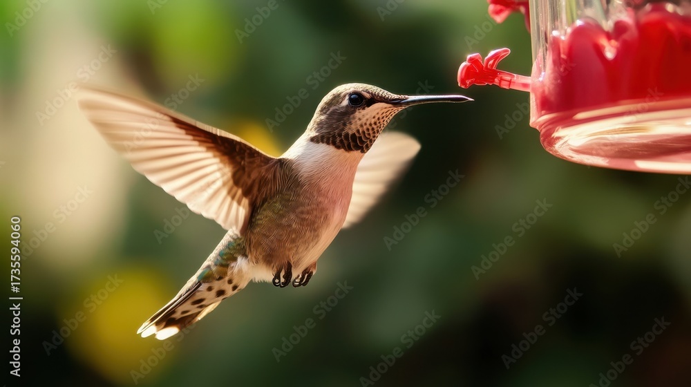 Naklejka premium Hummingbird feeding on red feeder in lush garden setting